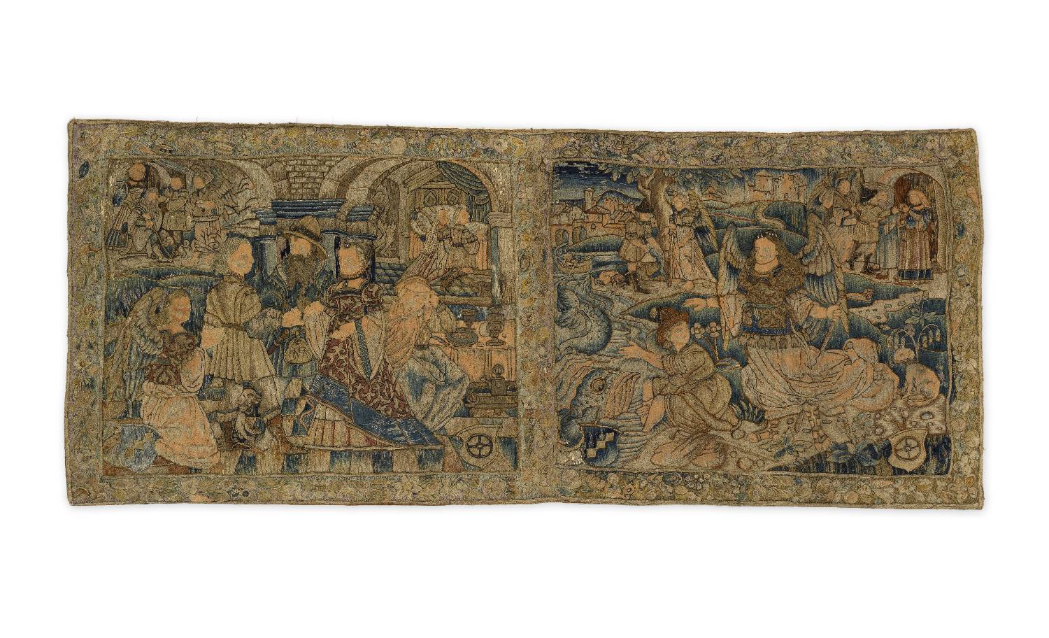 Wollstickerei (Wandbehang) mit Allianzwappen Peyer - Peyer im Hof und Szenen aus der Tobias-Geschichte